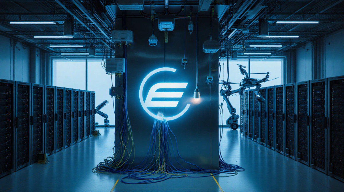 Ethernovia logo glows with bright blue lighting beside humming servers and sensors and drones hover in the background