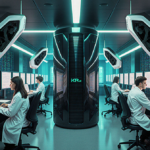 Team members in white lab coats working on laptops with a central server and Kimi K2.5 models nearby