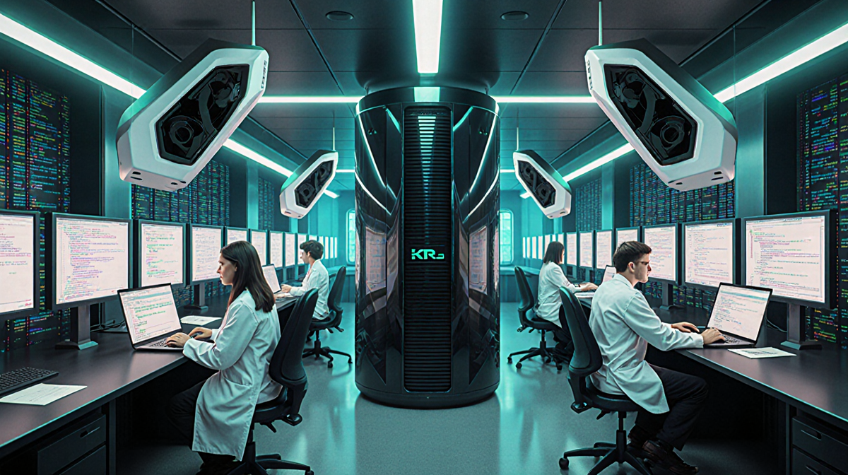 Team members in white lab coats working on laptops with a central server and Kimi K2.5 models nearby