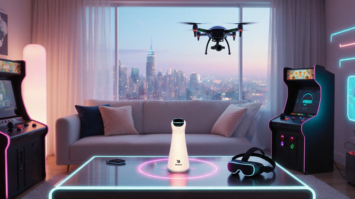 Shark FacialPro Glow device glowing with holographic display and drone hovering outside window in futuristic room with neon