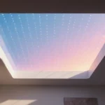 Smart light display emits warm glow with gradient sky pattern in futuristic living room