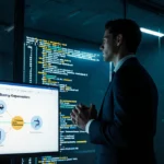 Businessman contemplating transparency with open-source code wall and neon-lit shadows behind