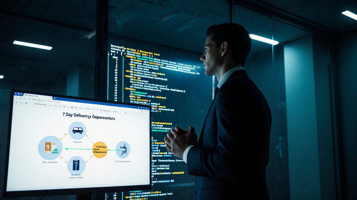 Businessman contemplating transparency with open-source code wall and neon-lit shadows behind
