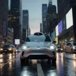 Driverless robotaxi navigates city street with LED sensors glowing and engineers monitoring AI data on nearby screens