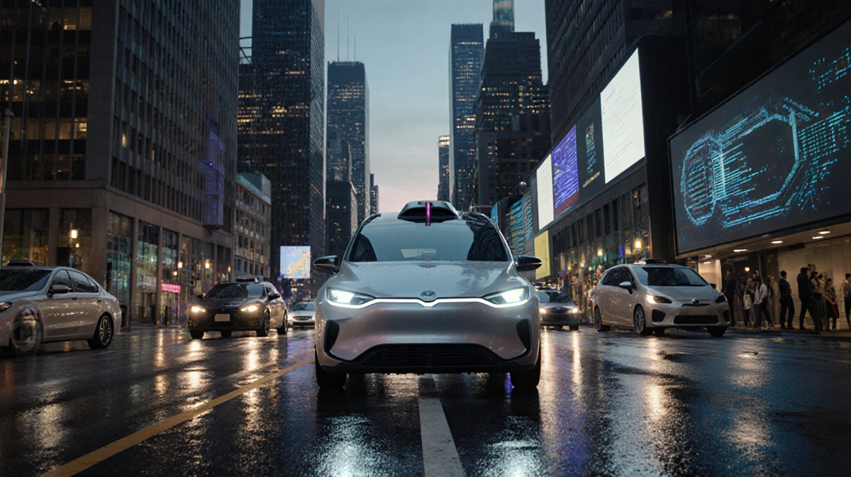 Driverless robotaxi navigates city street with LED sensors glowing and engineers monitoring AI data on nearby screens