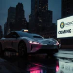 Autonomous taxi reflects neon glow with wet pavement and governor