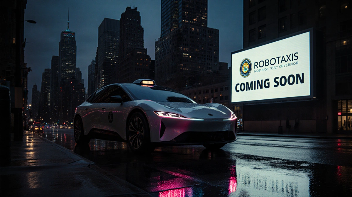 Autonomous taxi reflects neon glow with wet pavement and governor