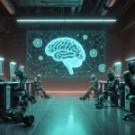 Futuristic robotics lab glows with neon lights and holographic brain model showing AI neural networks