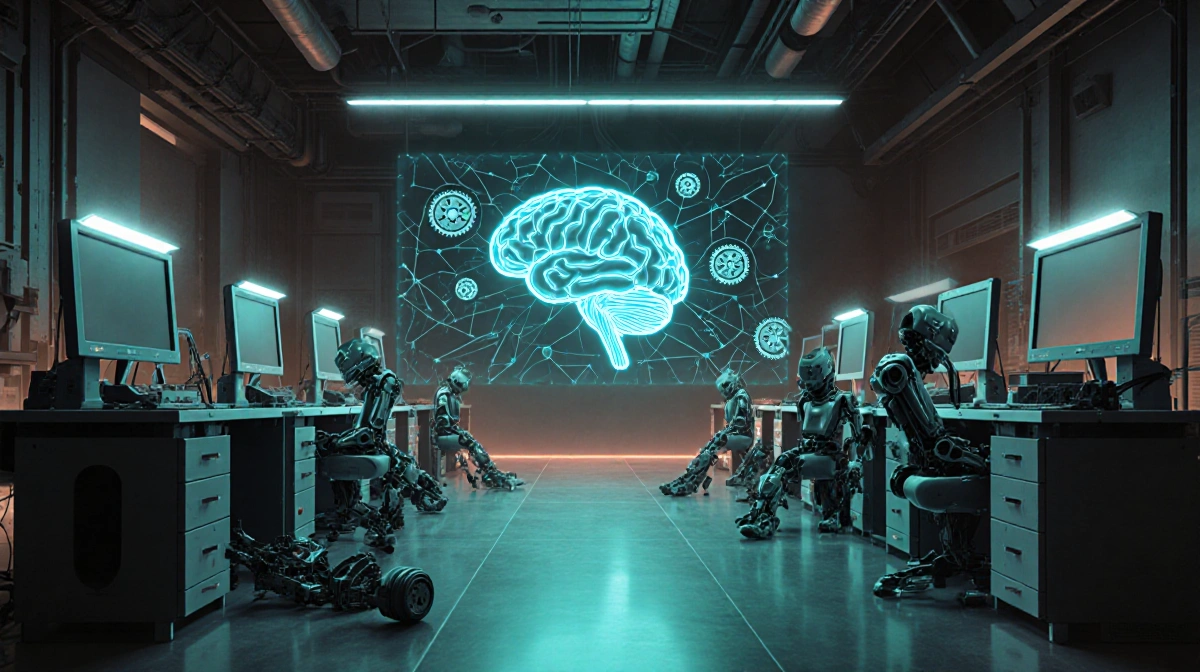 Futuristic robotics lab glows with neon lights and holographic brain model showing AI neural networks
