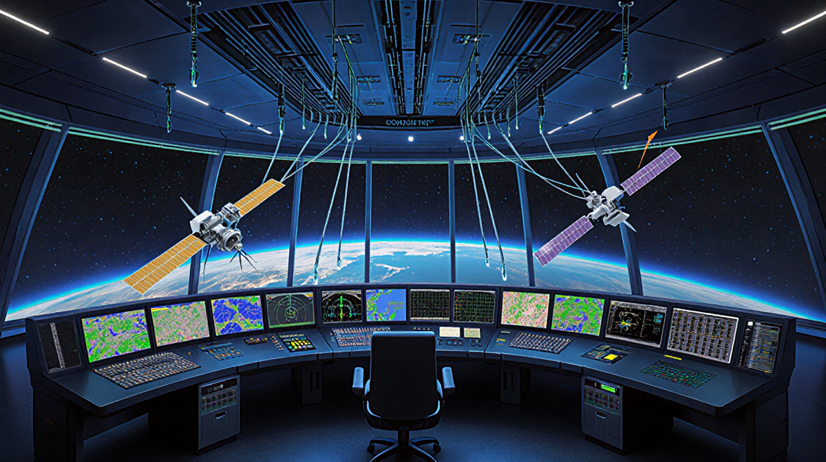 Control room displays a large SCN console with multiple satellite screens and cables under dim blue lighting.