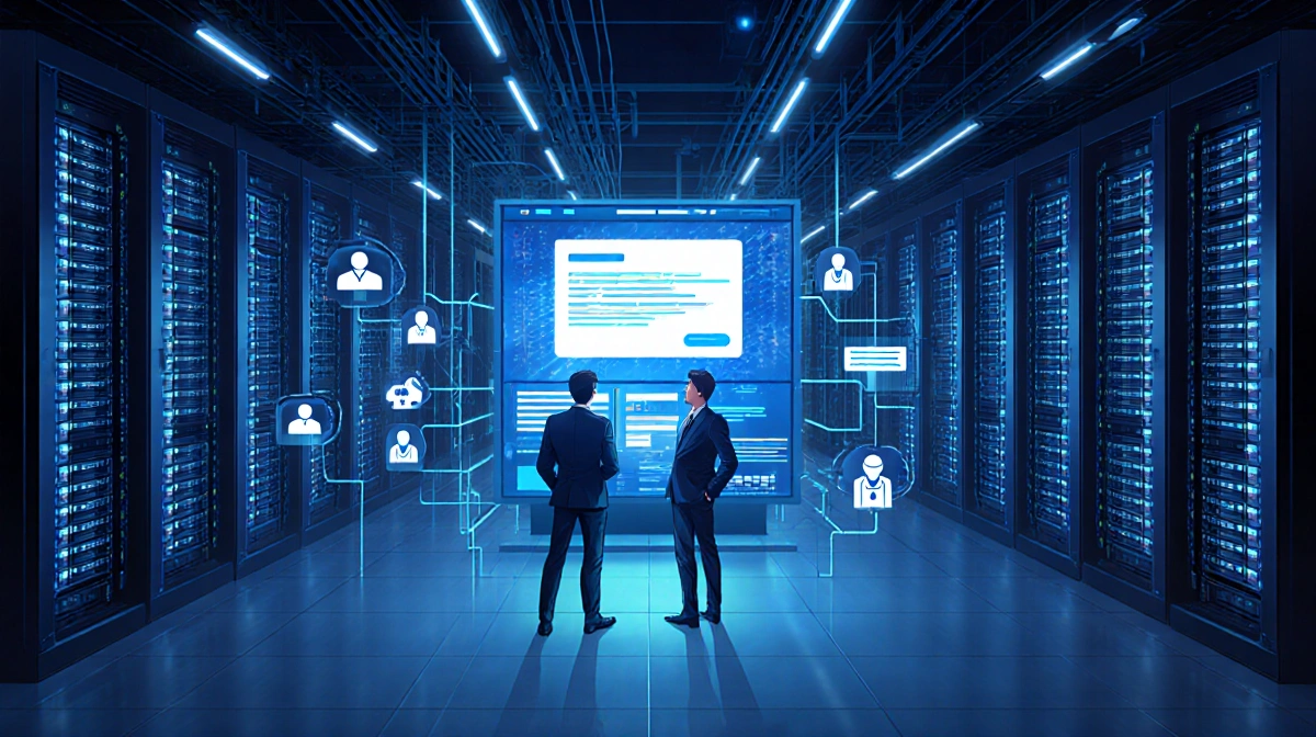 Security professional analyzing cryptic message on console with server racks and blue screens in futuristic data center