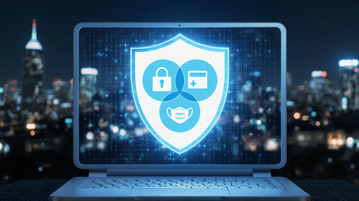Futuristic computer screen showing 3D shield with padlock keycard and masks symbols against city backdrop