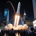 SpaceX rocket soaring with sparks against neon skyline and traders watching on giant screens