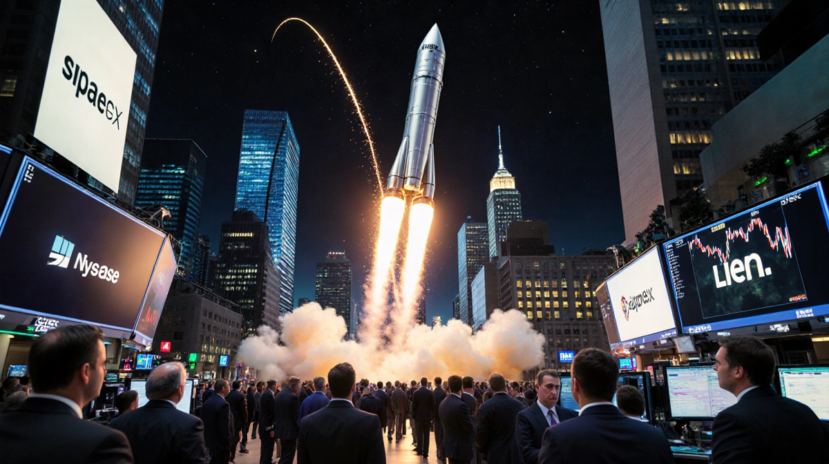 SpaceX rocket soaring with sparks against neon skyline and traders watching on giant screens