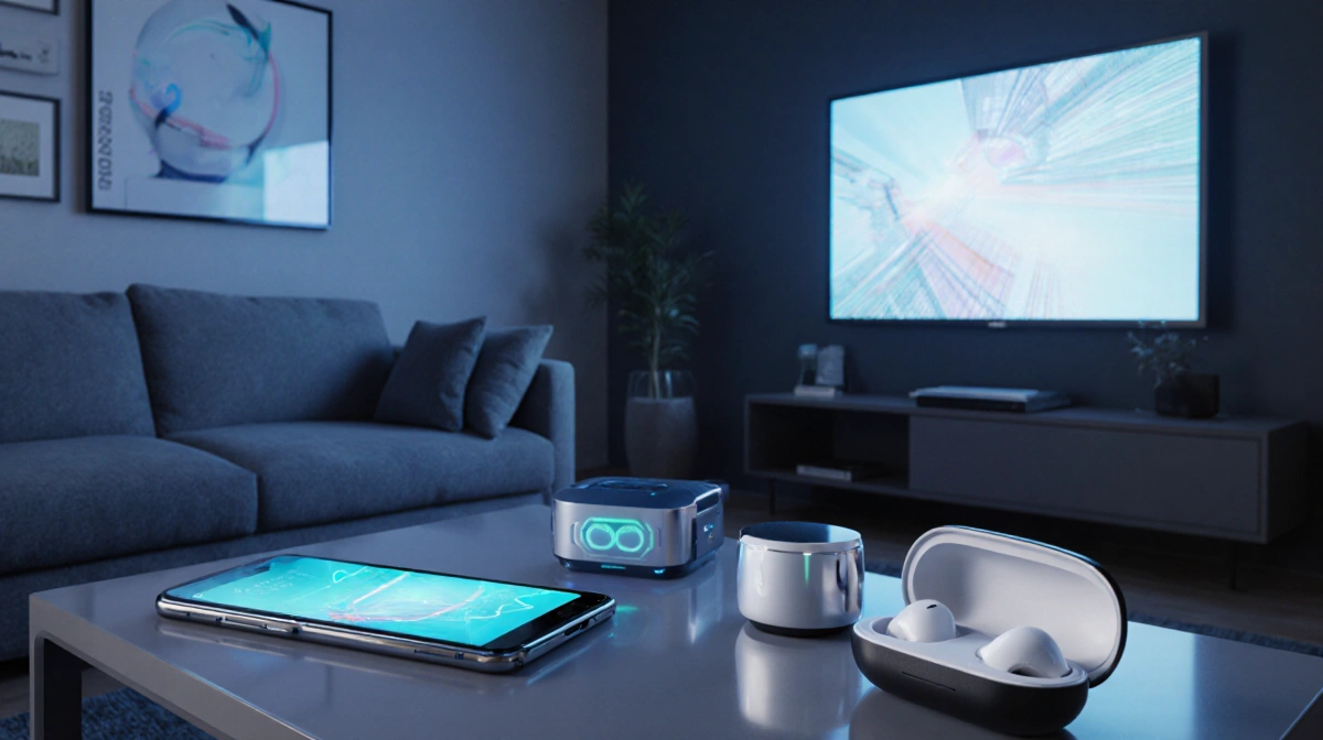 Smartphone glowing with notifications on coffee table while AI TV projects holographic display in futuristic living room