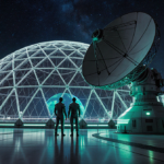 Two engineers adjusting a massive phased‑array antenna with LED lights glowing under a translucent dome on a space station.
