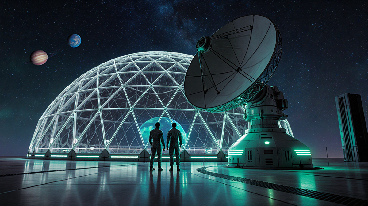 Two engineers adjusting a massive phased‑array antenna with LED lights glowing under a translucent dome on a space station.