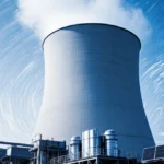 Futuristic stellarator fusion reactor glows with swirling blue energy fields and metallic industrial components showing clean