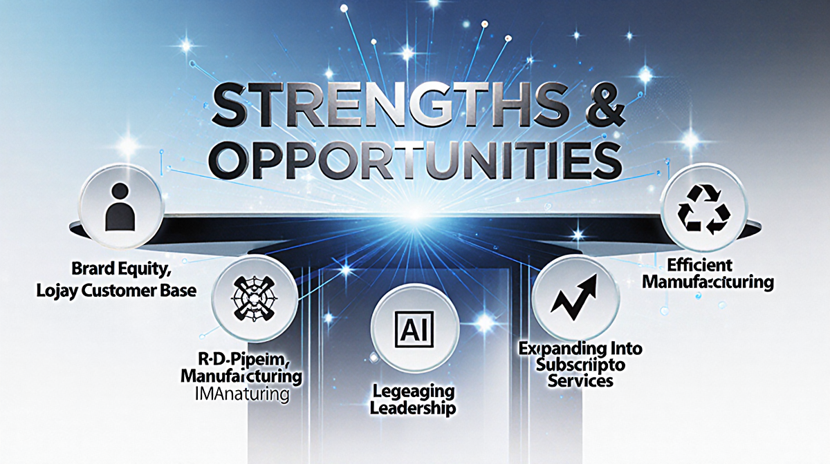 Futuristic table showing Strengths & Opportunities header with metallic font and icons around it a blue-white gradient