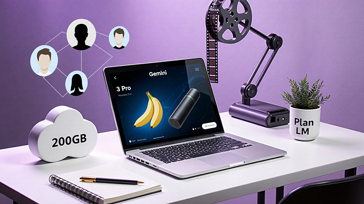 Laptop screen shows Gemini app with 3 Pro and Nano Banana Pro devices and 200GB cloud storage