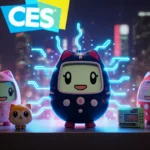 Sweekar glows with blue lines and pixels on a shelf with retro Tamagotchis and neon‑lit warm glow beside a blurred cityscape
