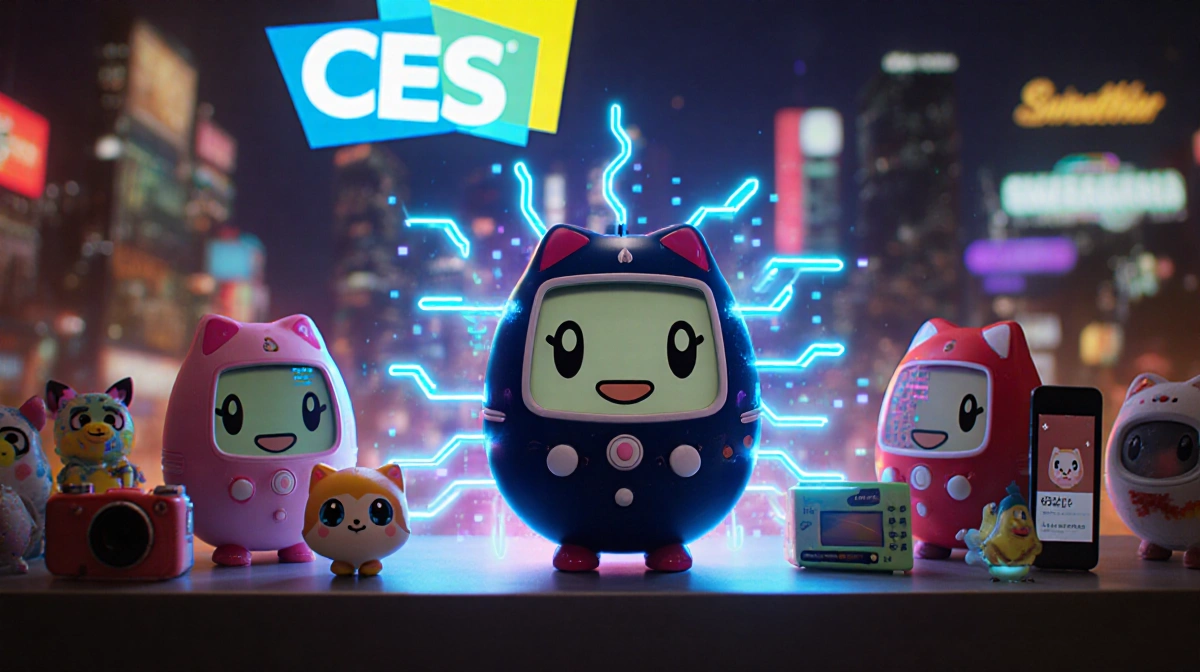Sweekar glows with blue lines and pixels on a shelf with retro Tamagotchis and neon‑lit warm glow beside a blurred cityscape