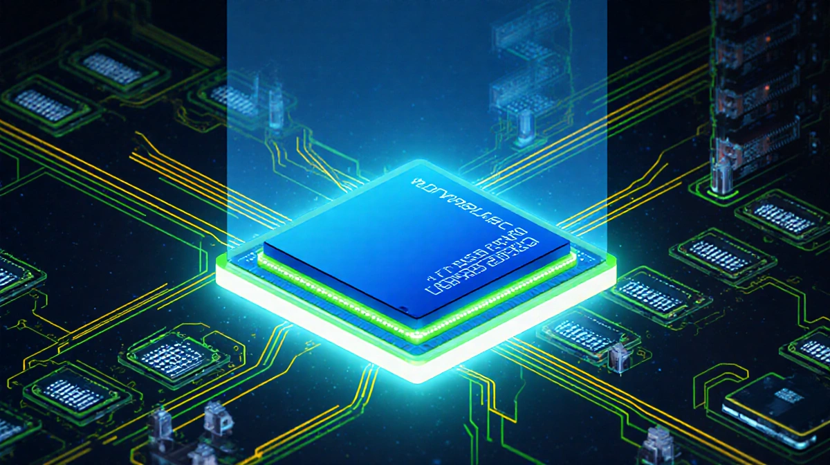 A futuristic datacenter glows with a large wafer-scale processor shining bright blue light with GPU clusters and energy-effic