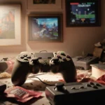 Worn‑out gaming controller rests on desk with romance novels and snack packets under warm lighting