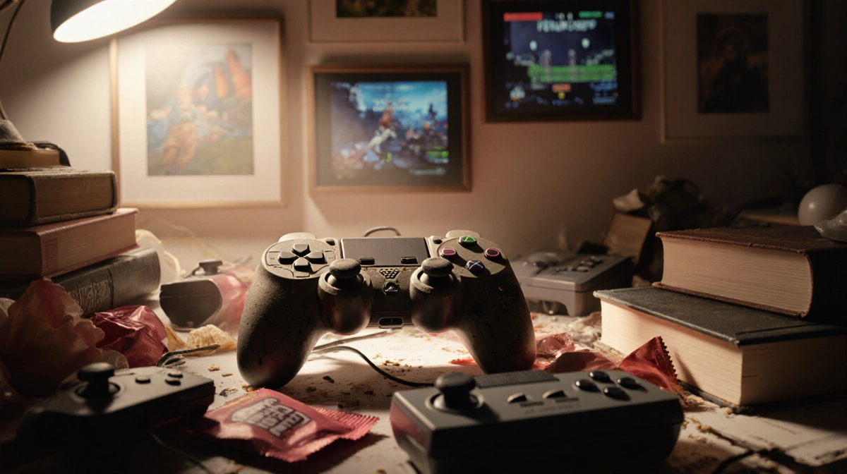 Worn‑out gaming controller rests on desk with romance novels and snack packets under warm lighting