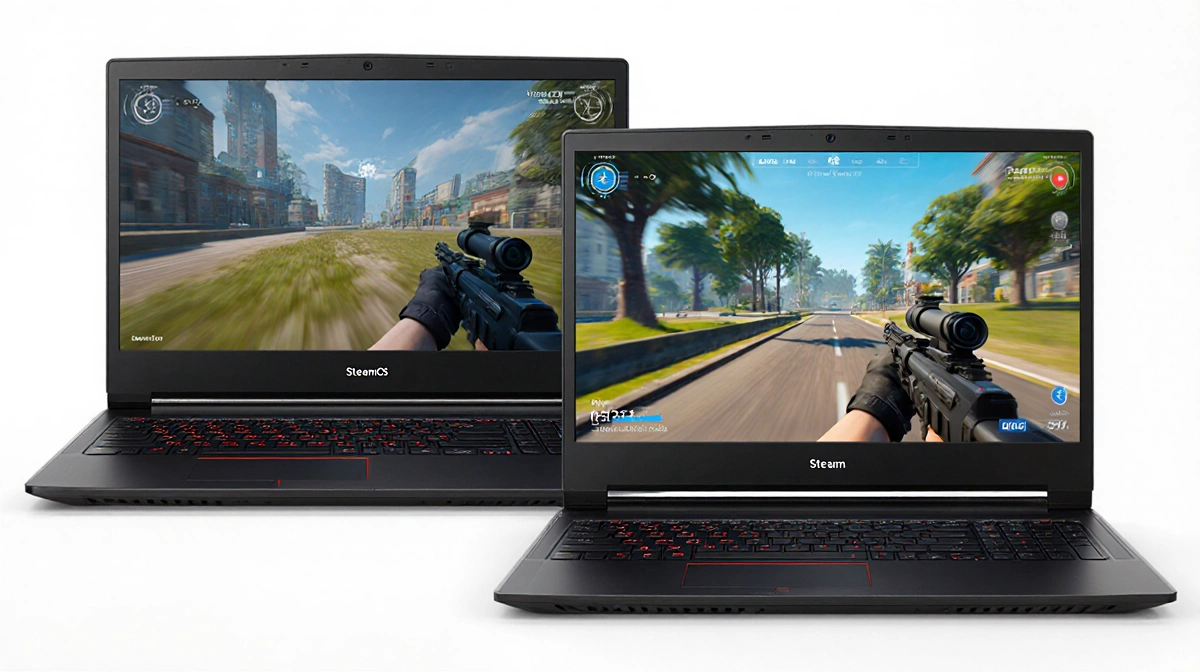 Gaming laptops display games with smoother animation on SteamOS side and slower motion on Windows 11 side.