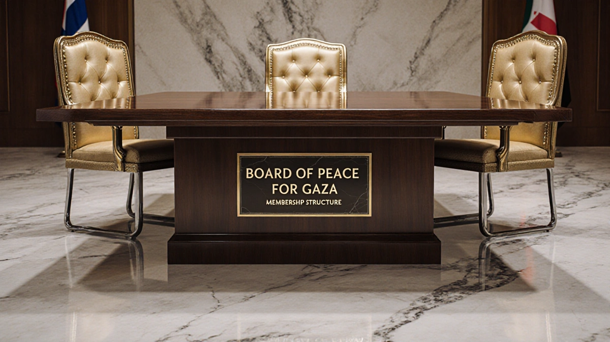 Boardroom table shows engraved Board of Peace for Gaza plaque with gold chairs and silver chairs representing membership stru