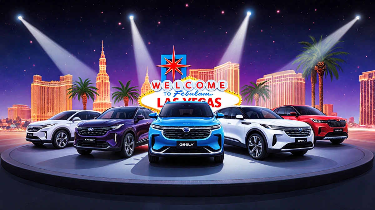 Geely's Chinese EVs shine on stage with sleek designs and Las Vegas skyline showing tech innovation