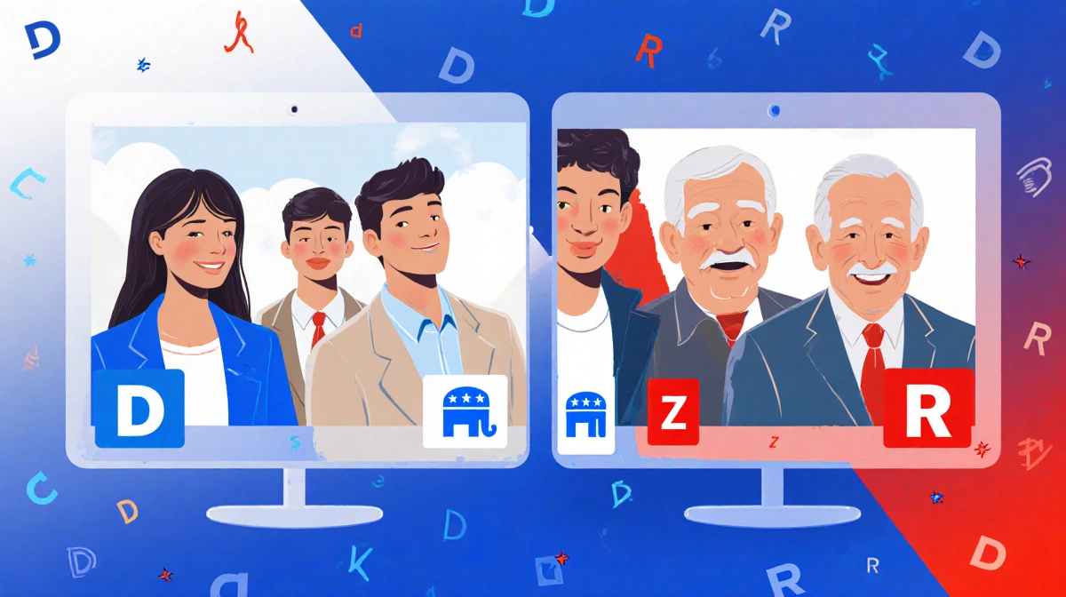 Split screen shows young adults with mixed political symbols and older generations with traditional party colors against blur