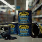 Dented Genova Yellowfin Tuna cans sit on grocery shelf with dark liquid seeping from one and fluorescent lighting overhead