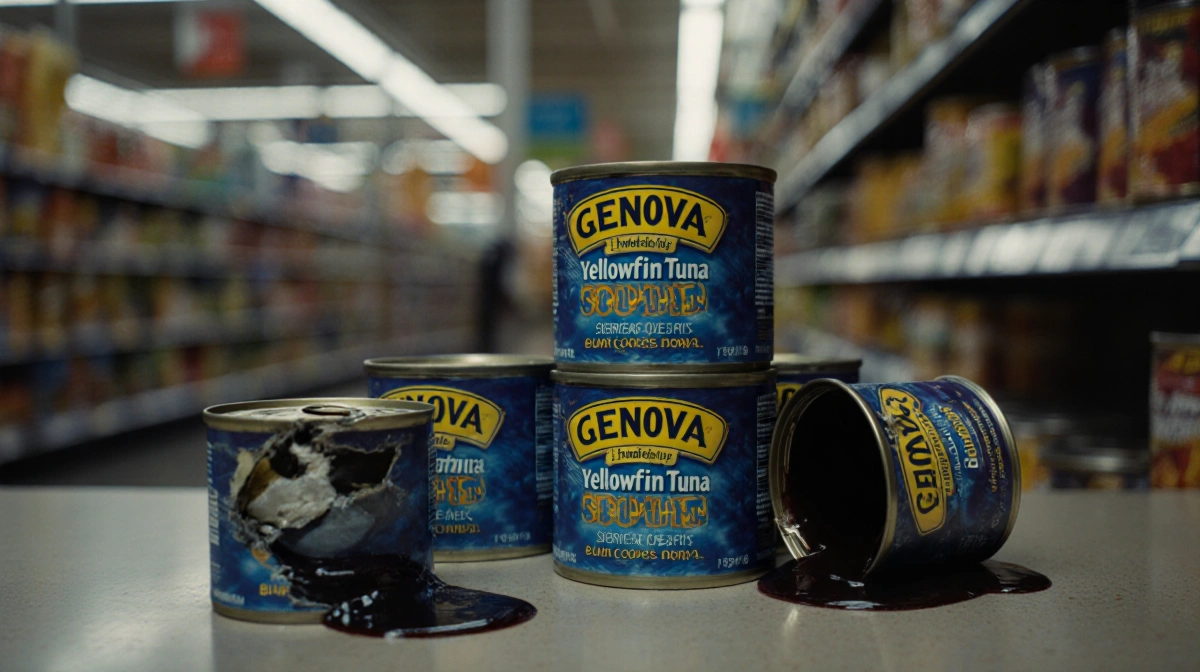 Dented Genova Yellowfin Tuna cans sit on grocery shelf with dark liquid seeping from one and fluorescent lighting overhead