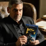 George Clooney sits in a plush armchair holding a Batman & Robin DVD with a warm glow and a coffee table showing an open book