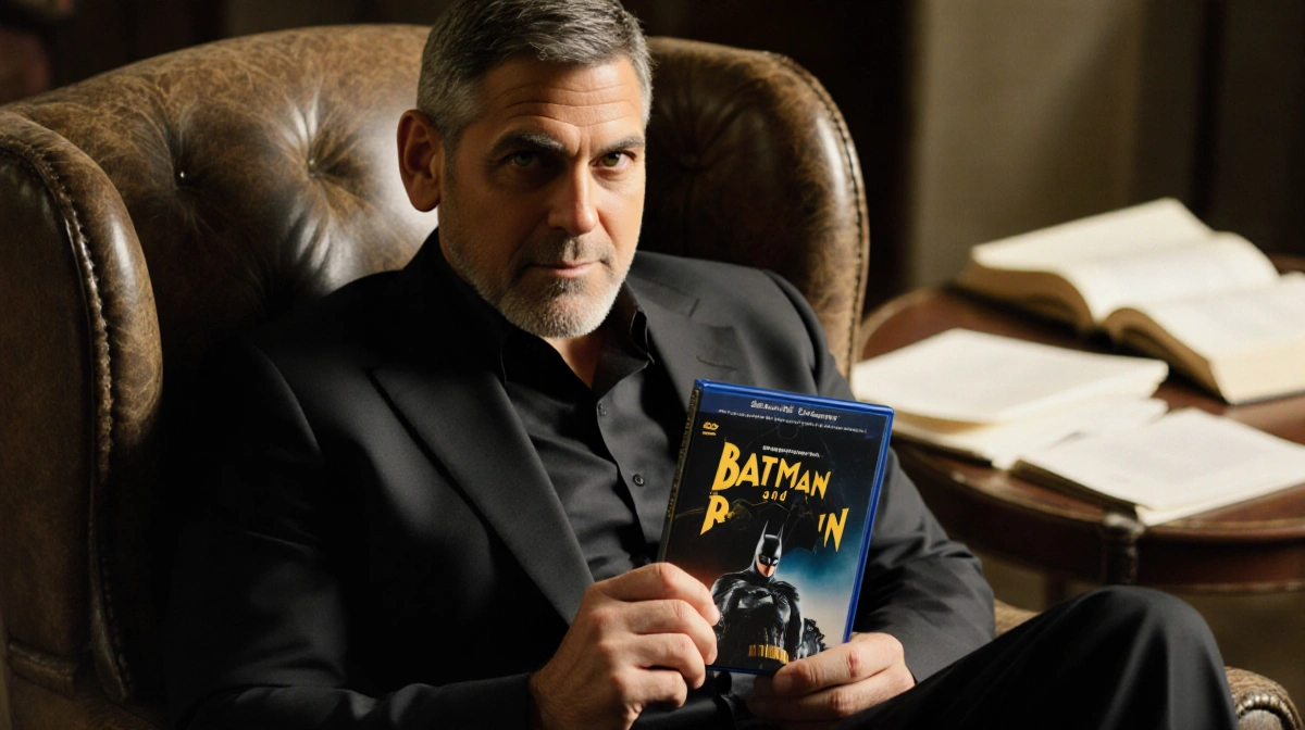 George Clooney sits in a plush armchair holding a Batman & Robin DVD with a warm glow and a coffee table showing an open book