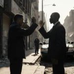 Two men face each other with raised hands amid broken storefronts and a parked police car.