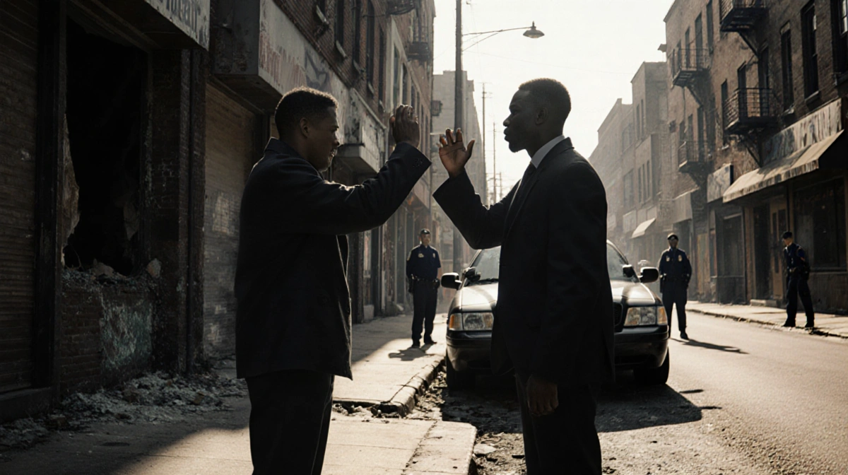 Two men face each other with raised hands amid broken storefronts and a parked police car.