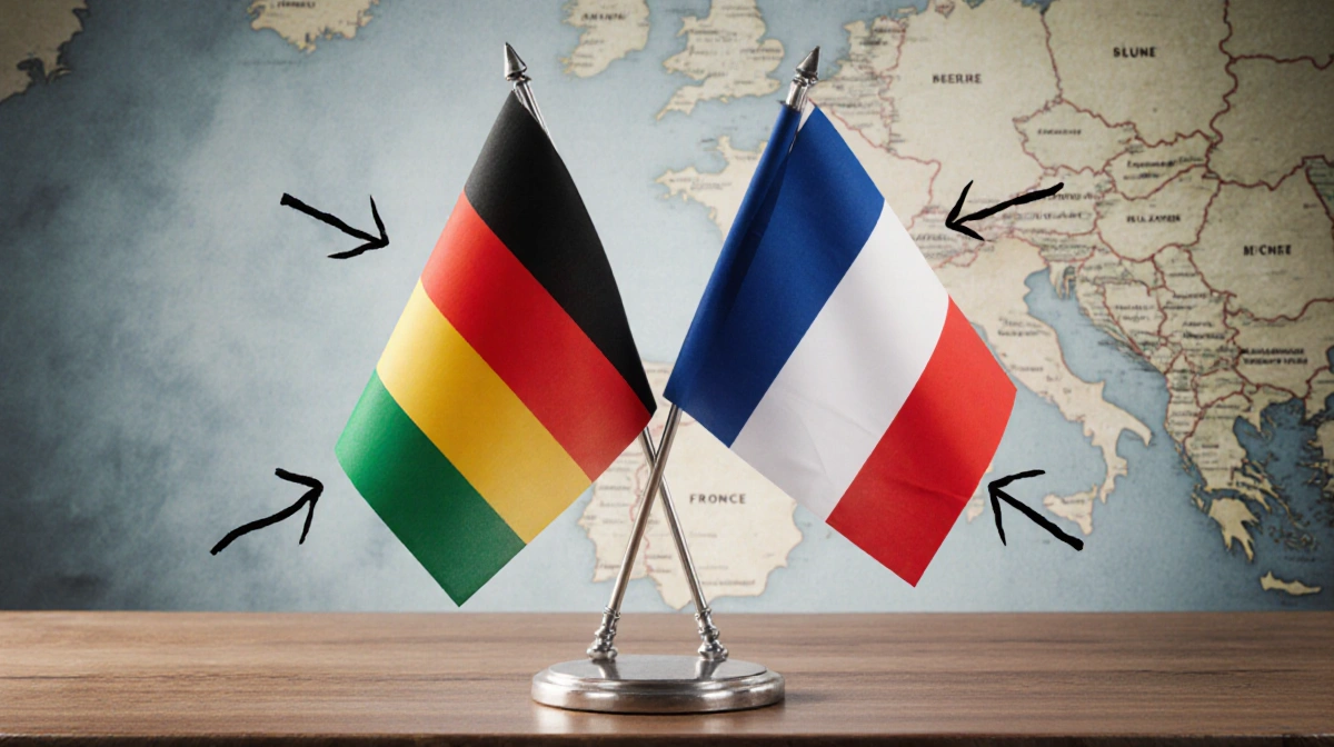 German and French flags overlap on wooden table with arrows pointing outward and Europe map background