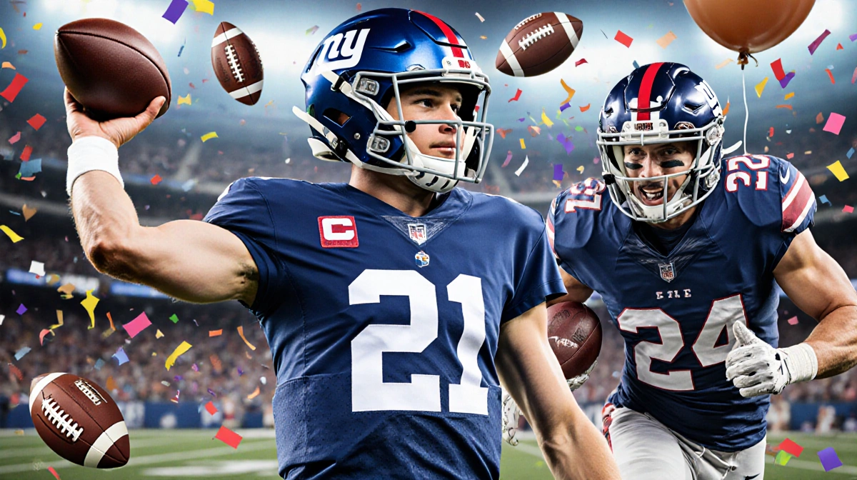 Rookie quarterback Jaxson Dart celebrates with arm raised and teammate Cam Skattebo nearby showing Giants touchdown excitemen