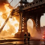 Firefighters climbing down Girard Point Bridge with flames licking steel and golden‑hour glow