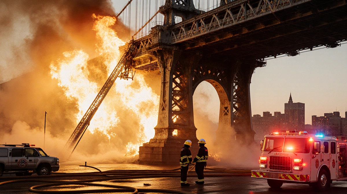 Firefighters climbing down Girard Point Bridge with flames licking steel and golden‑hour glow