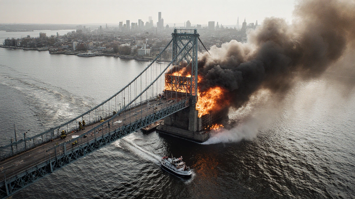 Firefighters battling a building fire on a pier with the Girard Point Bridge looming below and smoke billowing above.