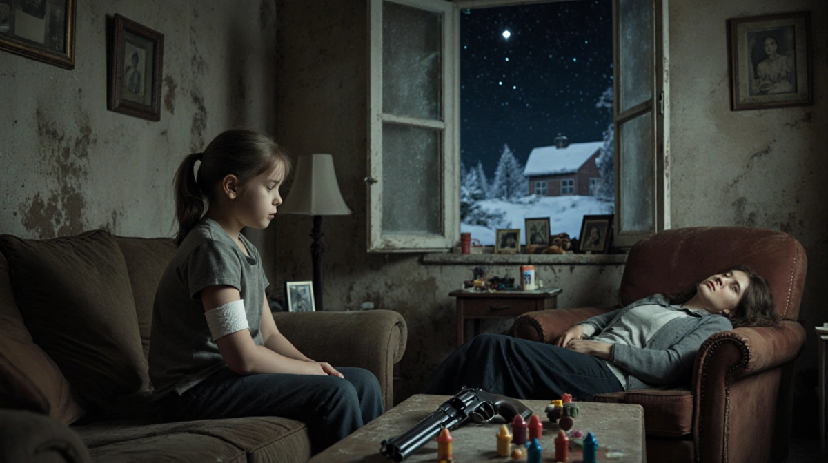 Young girl sits with bandaged arm while her mother