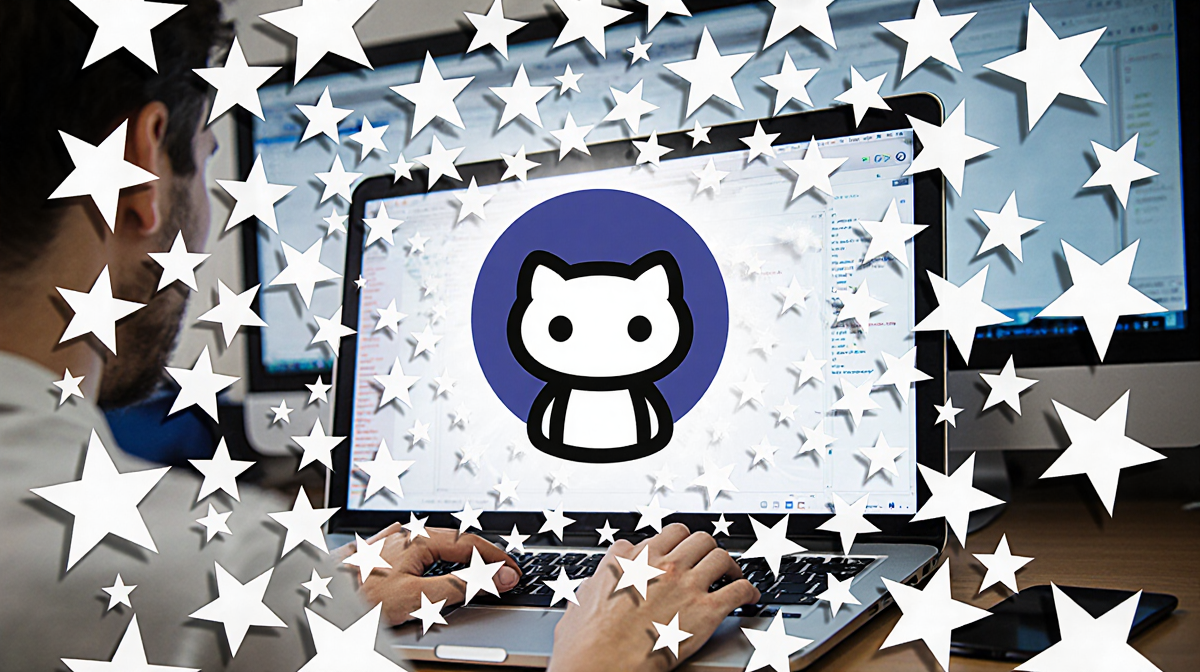 Computer screen glowing with thousands of GitHub stars and Moltbot logo at center with blurred user working behind.