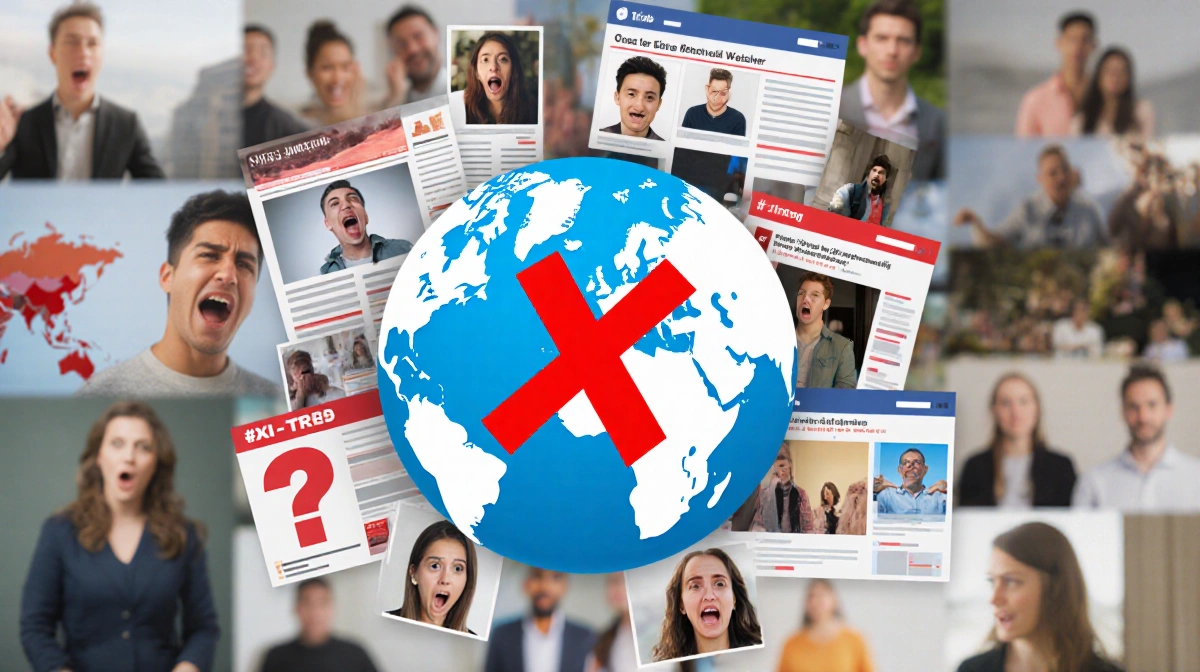 Globe with red X mark shows global backlash with social media reactions and concerned faces surrounding
