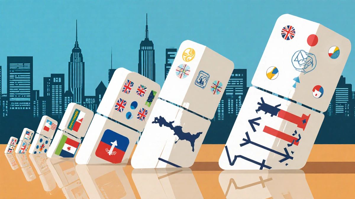 Regulatory dominoes with country flags falling in sequence showing global government action against Meta AI
