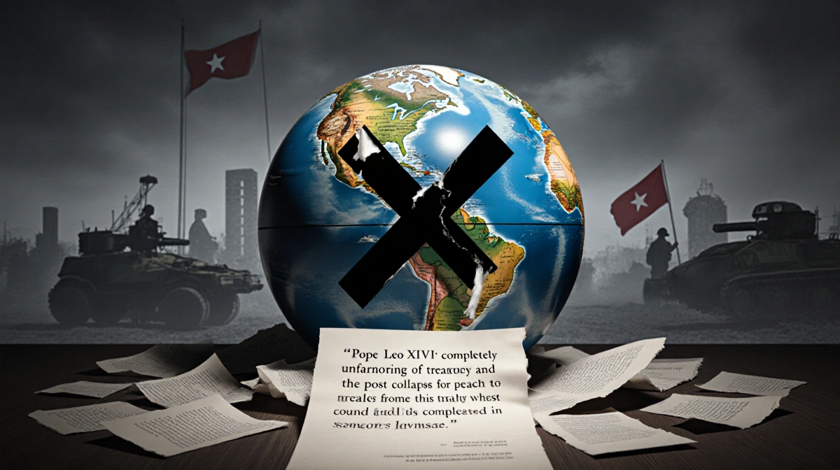 Globe marked with X through it lies with torn treaties and military silhouettes showing collapse of post-war international la