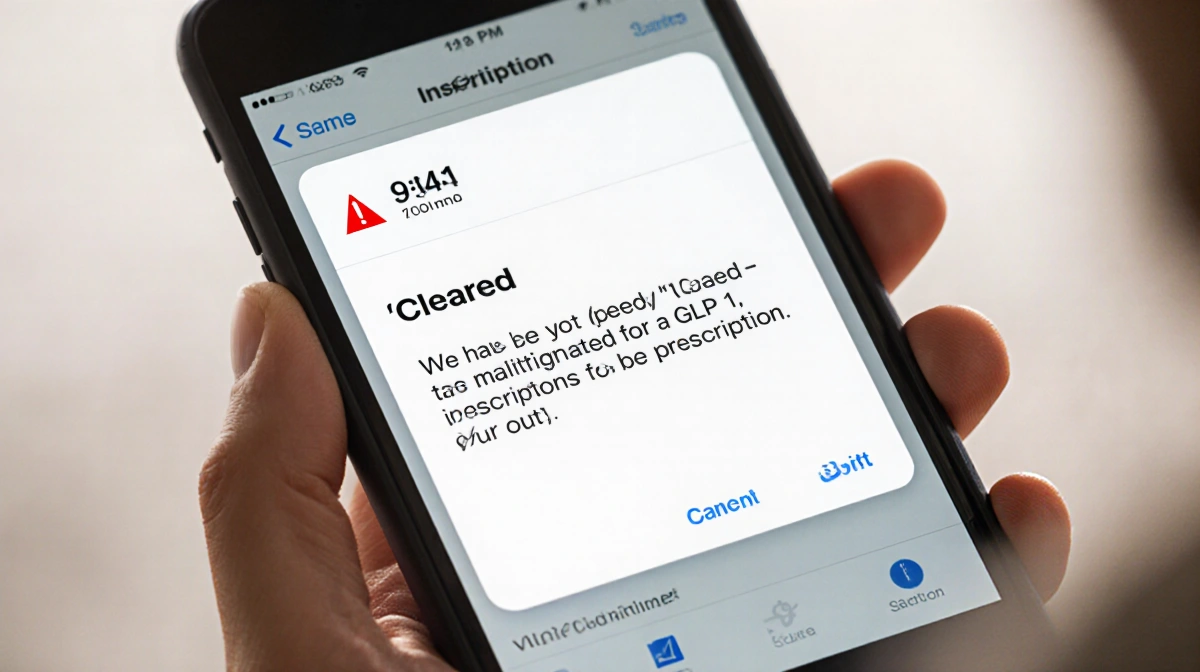 Person holding phone showing GLP-1 prescription approval notification with timer and alert symbol on screen